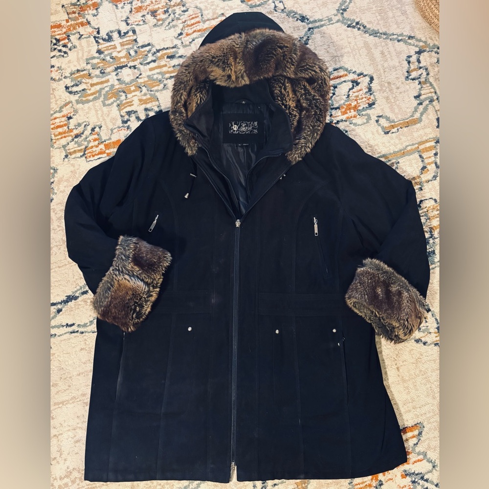 Women's Black Winter Coat with Faux Fur Trim
